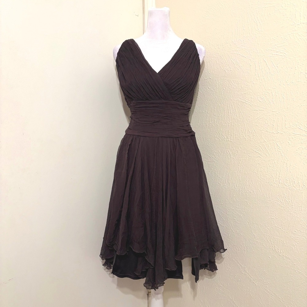 Tadashi Brown Silk Chiffon   Handkerchief Hem Flowy V Neck Cocktail Dress Sz 10